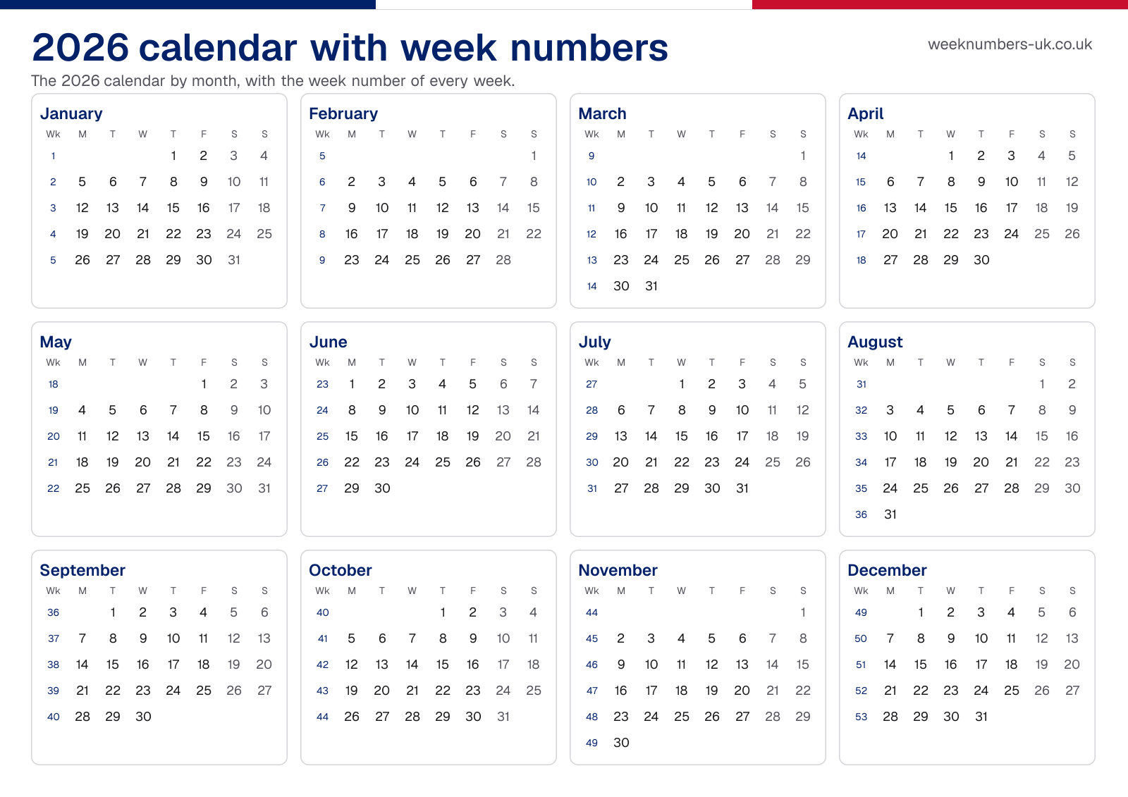 Calendar 2026 with week numbers