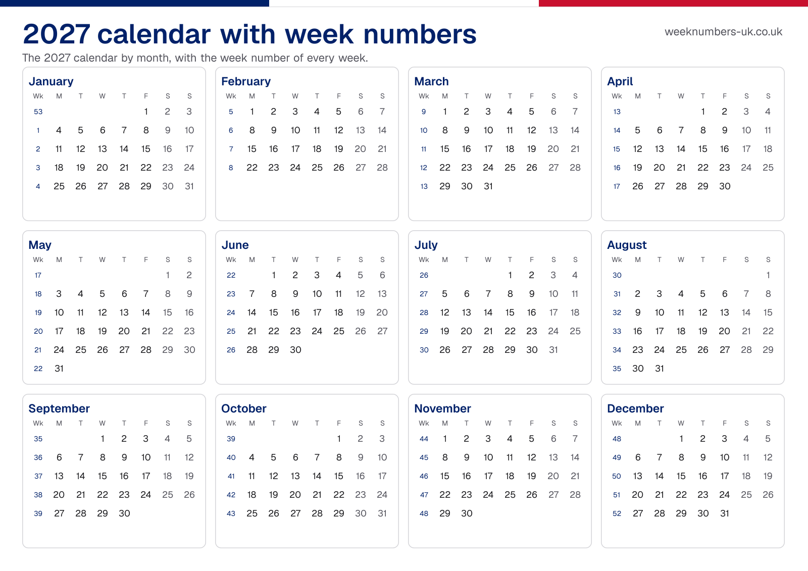 Calendar 2027 with week numbers
