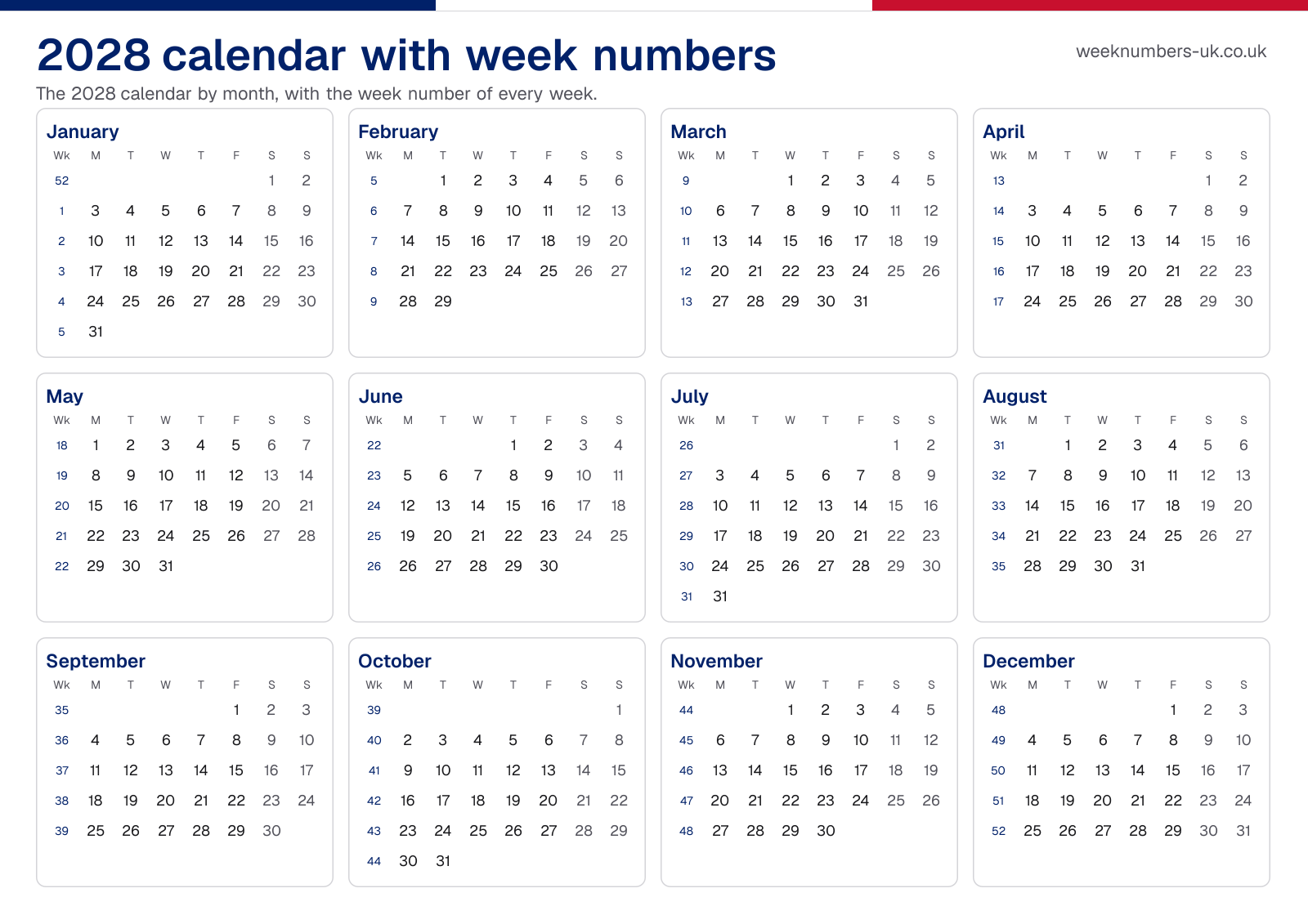 Calendar 2028 with week numbers
