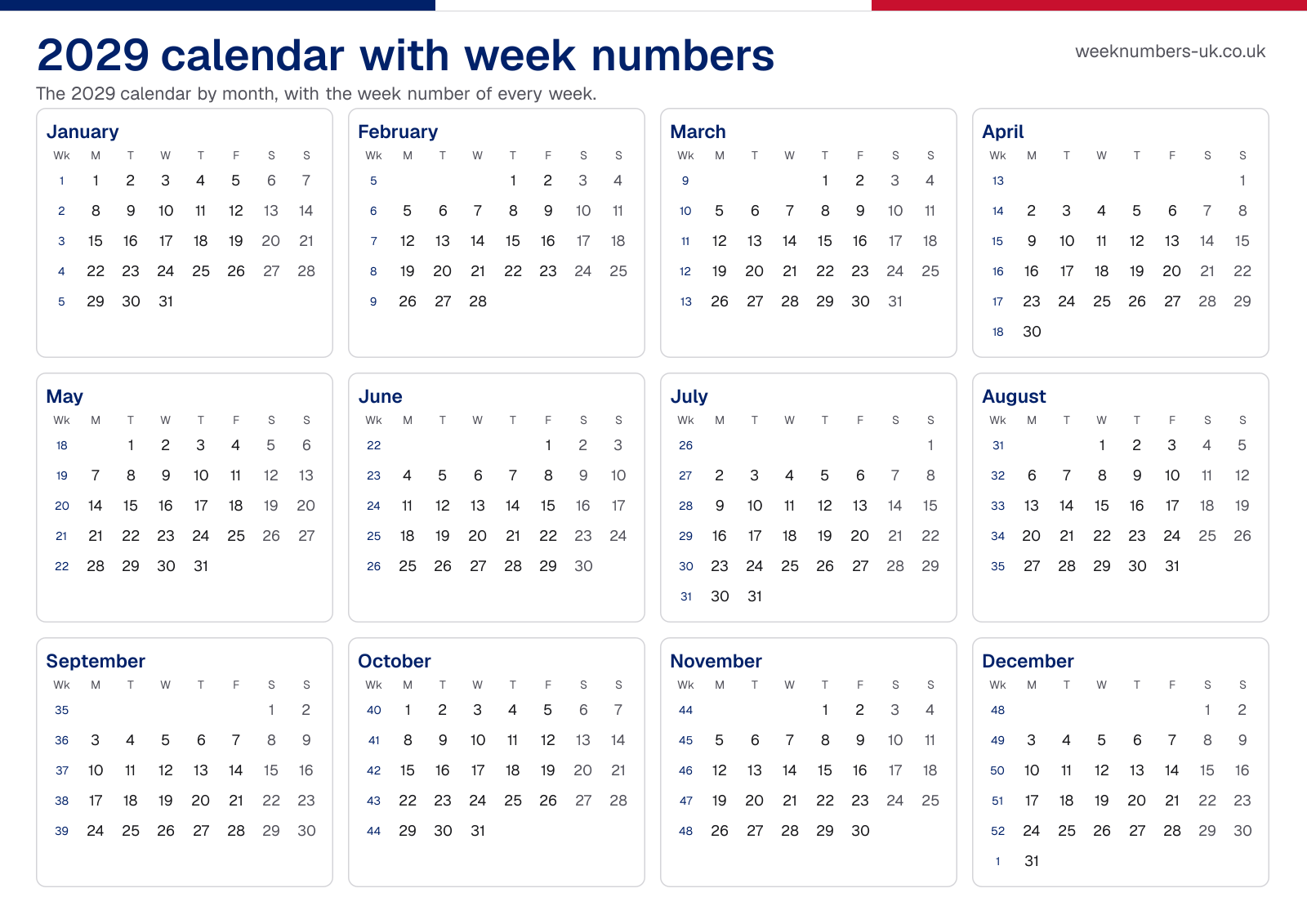 Calendar 2029 with week numbers