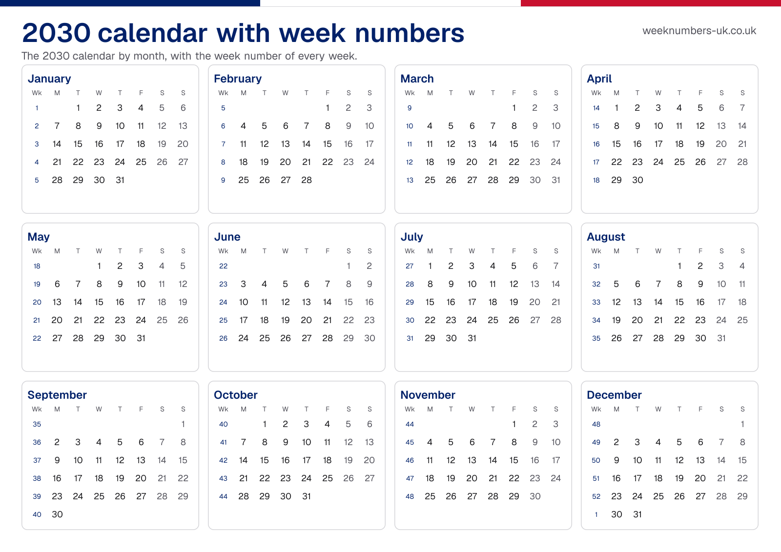 Calendar 2030 with week numbers