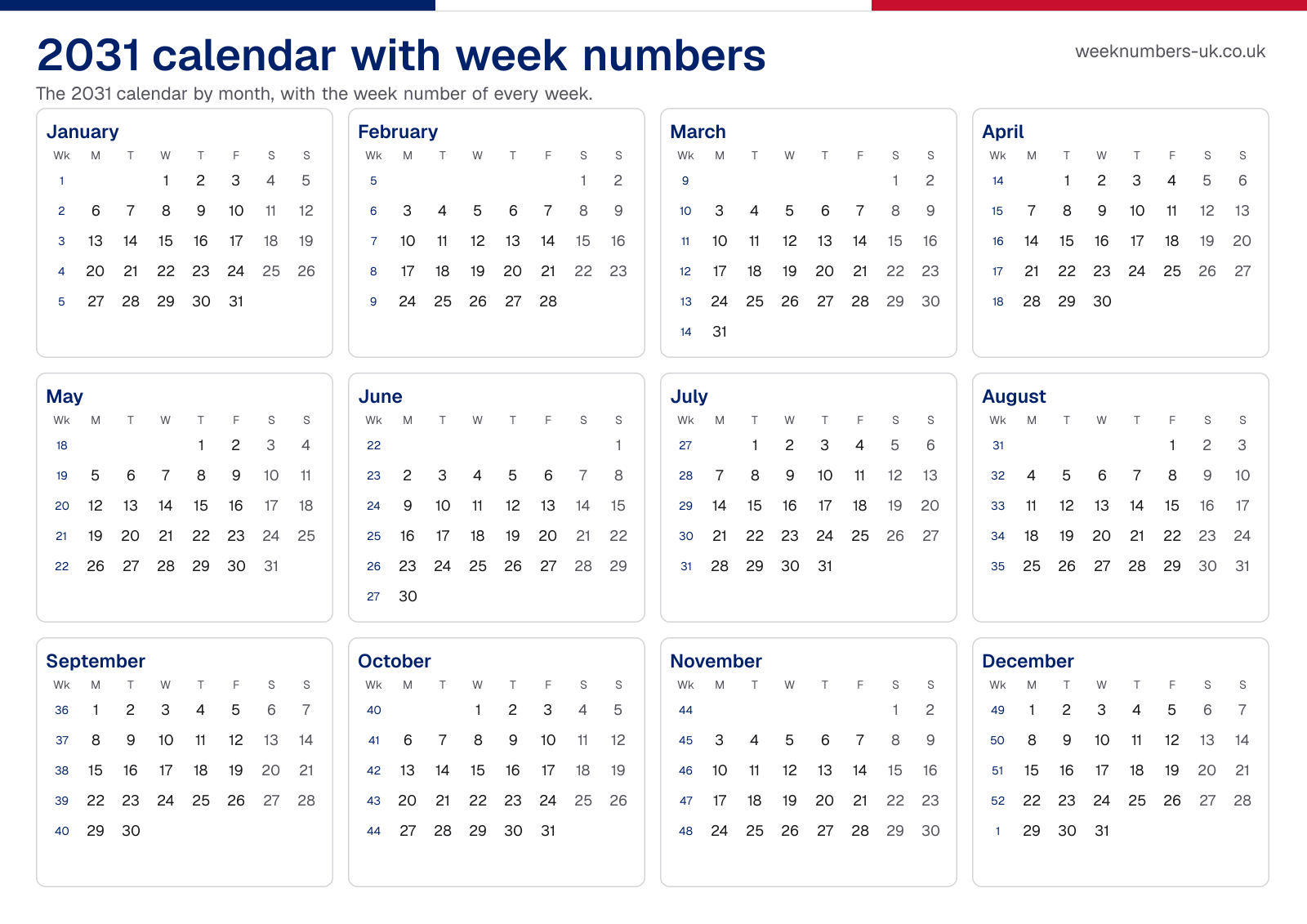 Calendar 2031 with week numbers